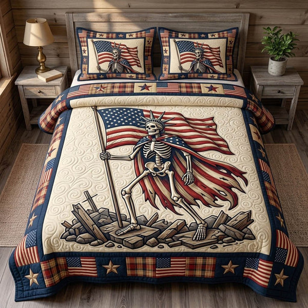 Patriotic Skull quilted 3-piece bedding set on a made bed against a dark styled interior