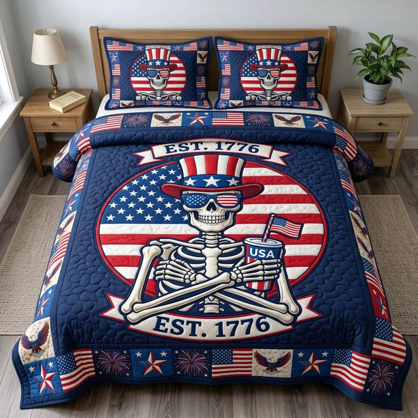 Patriotic Skull quilted 3-piece bedding set on a made bed against a dark styled interior