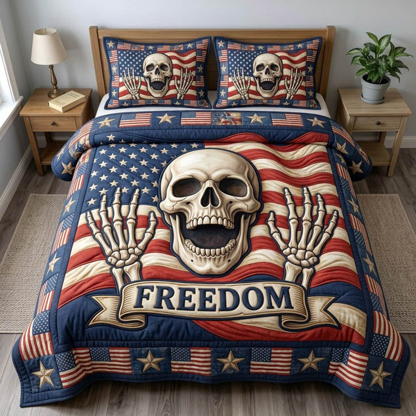 Patriotic Skull quilted 3-piece bedding set on a made bed against a dark styled interior