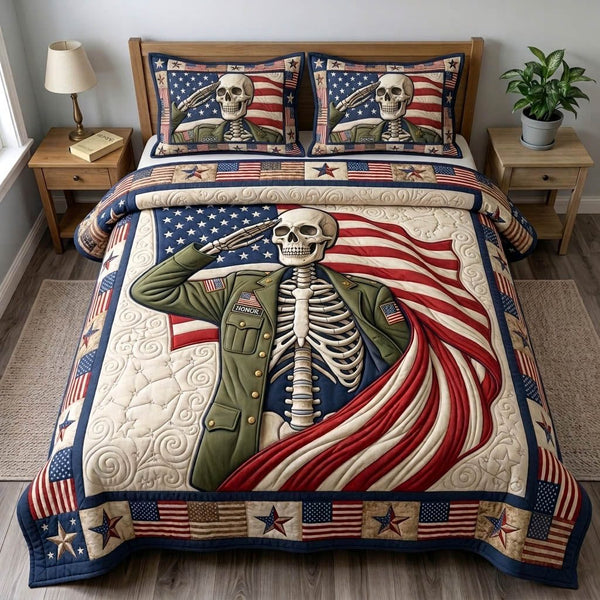 Patriotic Skull quilted 3-piece bedding set on a made bed against a dark styled interior