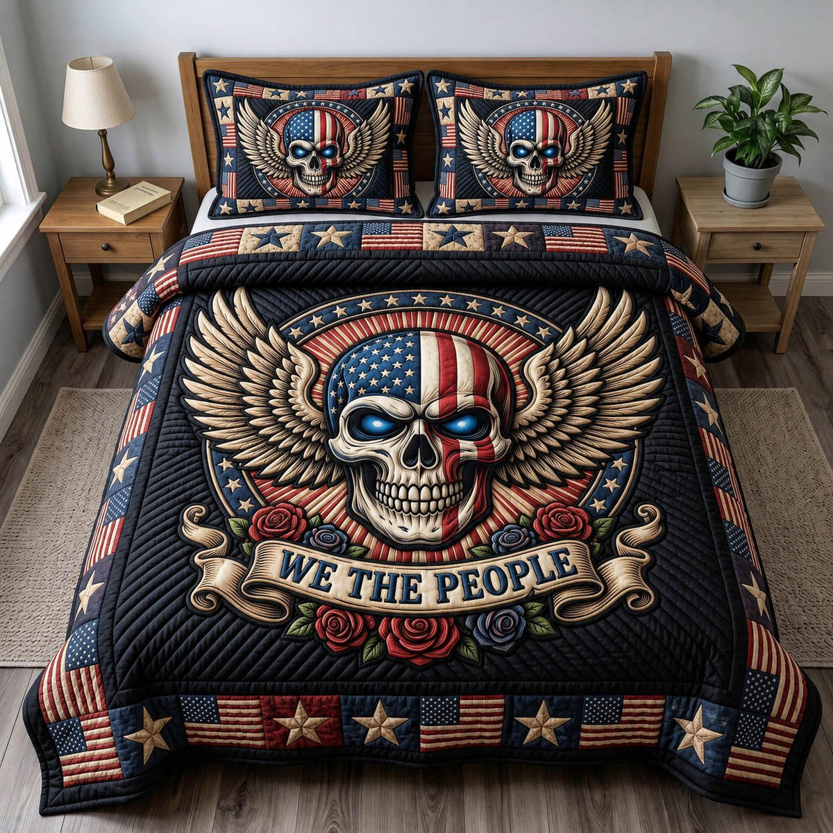 Patriotic Skull quilted 3-piece bedding set on a made bed against a dark styled interior