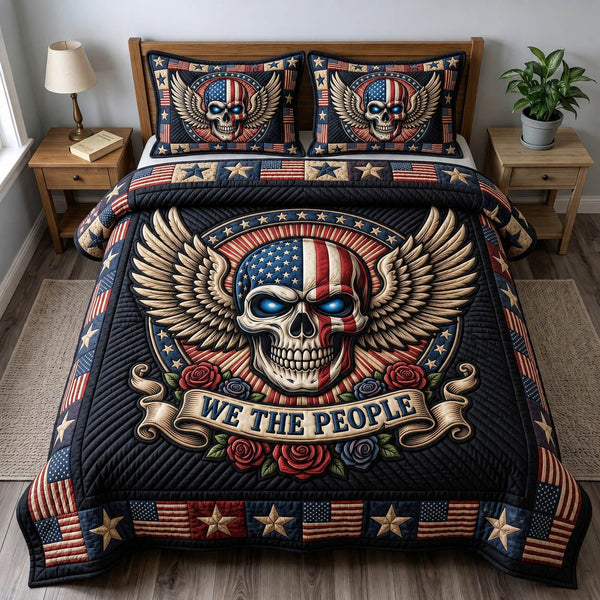 Patriotic Skull quilted 3-piece bedding set on a made bed against a dark styled interior