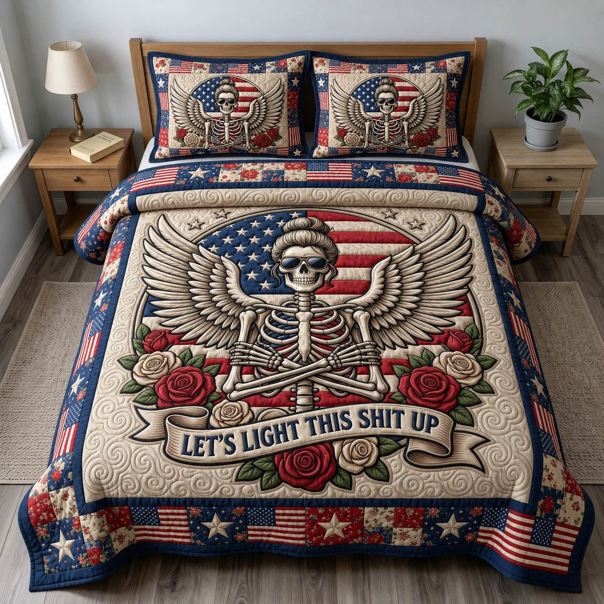 Patriotic Skull quilted 3-piece bedding set on a made bed against a dark styled interior