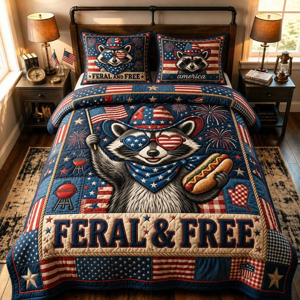 Patriotic Snack Raccoon quilted 3-piece bedding set on a made bed in a warmly lit bedroom