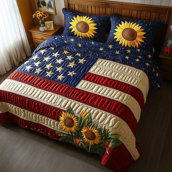 Patriotic Sunflower quilted 3-piece bedding set on a made bed in a warmly lit bedroom