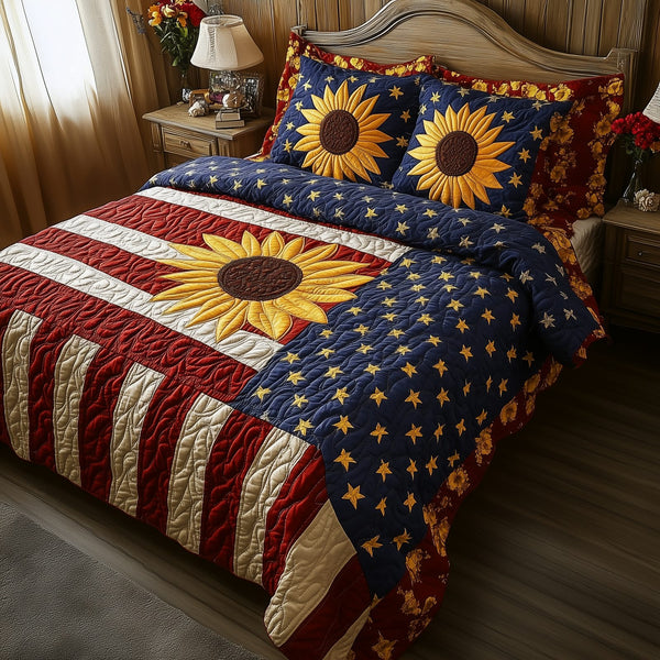 Patriotic Sunflower quilted 3-piece bedding set on a made bed in a warmly lit bedroom