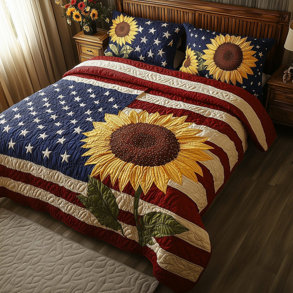 Patriotic Sunflower quilted 3-piece bedding set on a made bed in a warmly lit bedroom