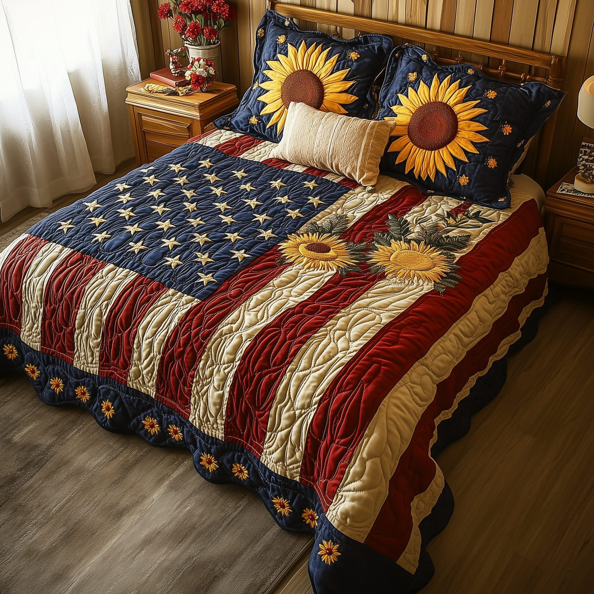Patriotic Sunflower quilted 3-piece bedding set on a made bed in a warmly lit bedroom