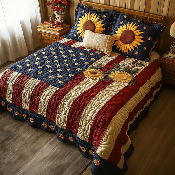 Patriotic Sunflower quilted 3-piece bedding set on a made bed in a warmly lit bedroom