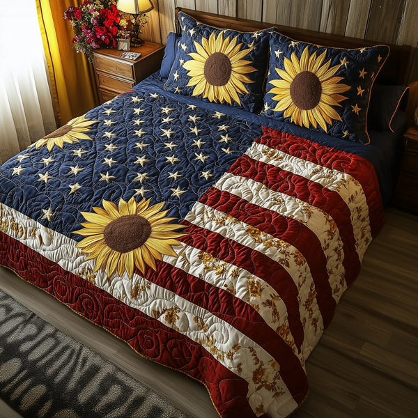 Patriotic Sunflower quilted 3-piece bedding set on a made bed in a warmly lit bedroom