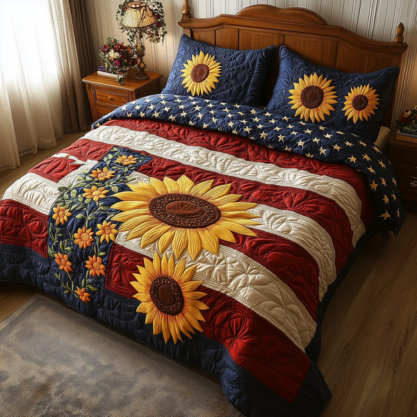 Patriotic Sunflower quilted 3-piece bedding set on a made bed in a warmly lit bedroom