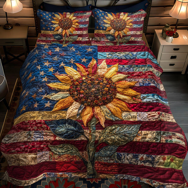 Patriotic Sunflower quilted 3-piece bedding set on a made bed in a warmly lit bedroom