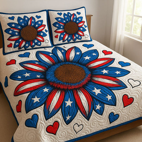 Patriotic Sunflower quilted 3-piece bedding set on a made bed in a warmly lit bedroom