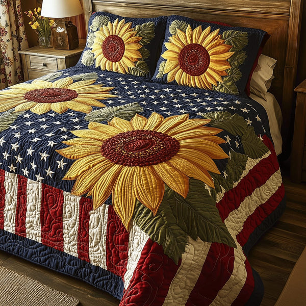 Patriotic Sunflower quilted 3-piece bedding set on a made bed in a warmly lit bedroom