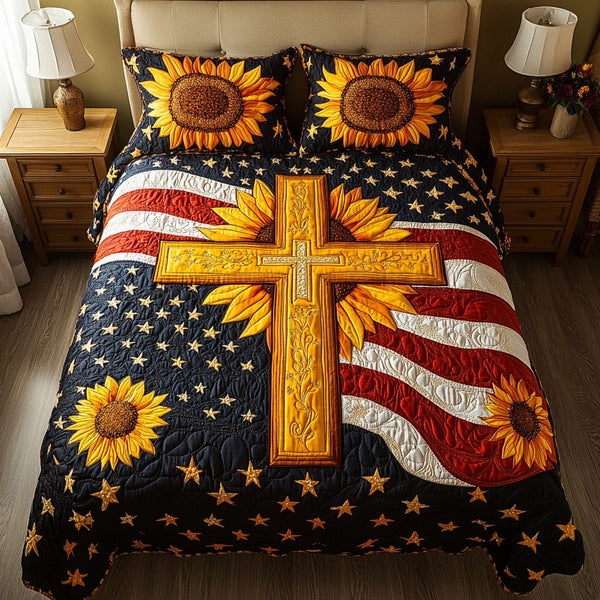 Patriotic Sunflowers quilted 3-piece bedding set on a made bed in a warmly lit bedroom