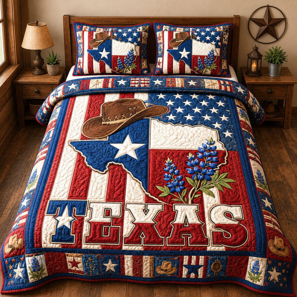 Patriotic Texas Bluebonnet quilted 3-piece bedding set on a made bed in a warmly lit bedroom