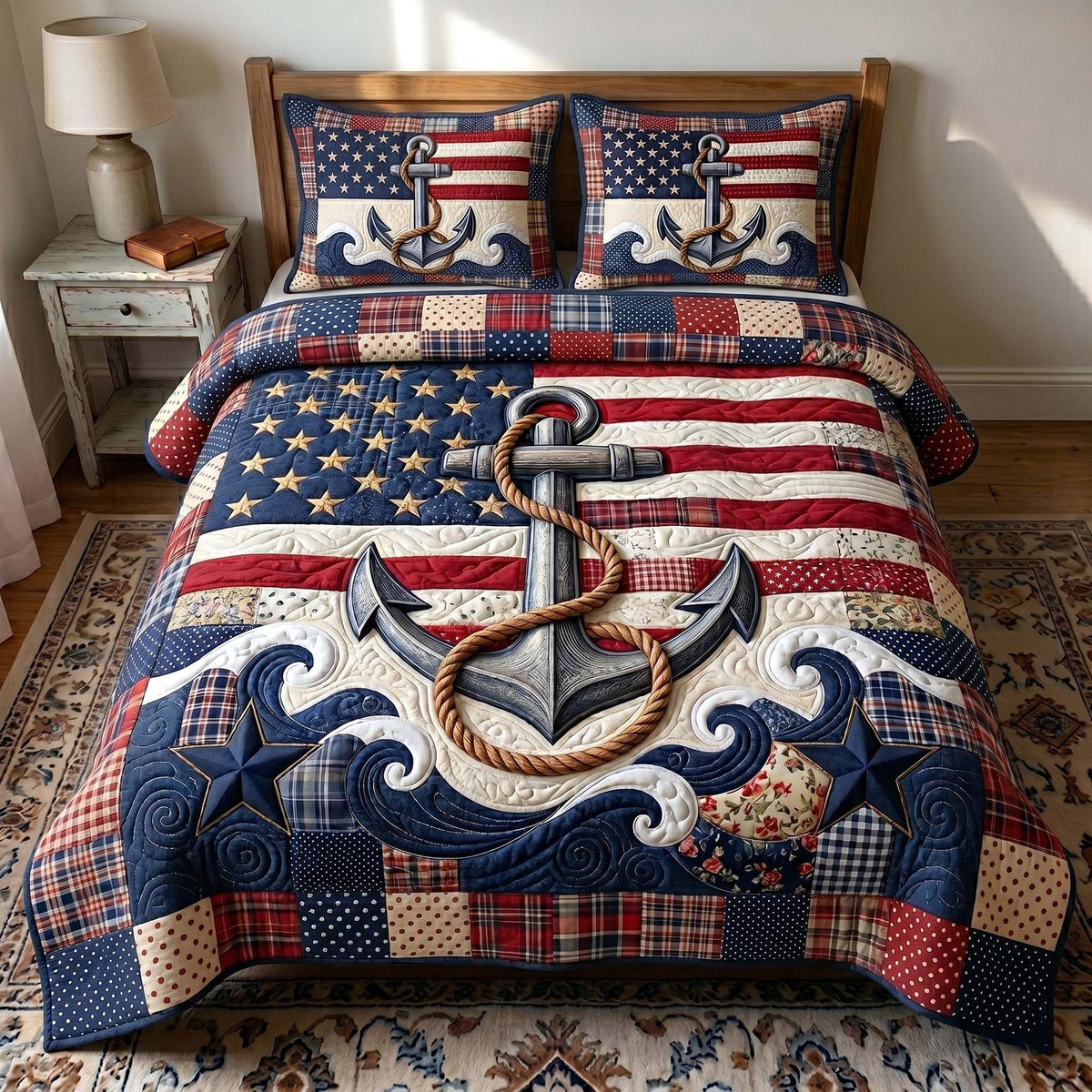 Patriotic Tide quilted 3-piece bedding set on a made bed in a warmly lit bedroom