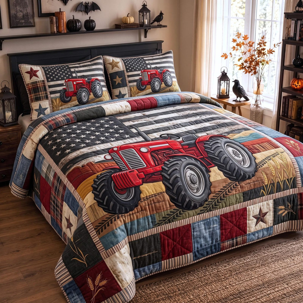 Patriotic Tractor quilted 3-piece bedding set on a made bed in a warmly lit bedroom