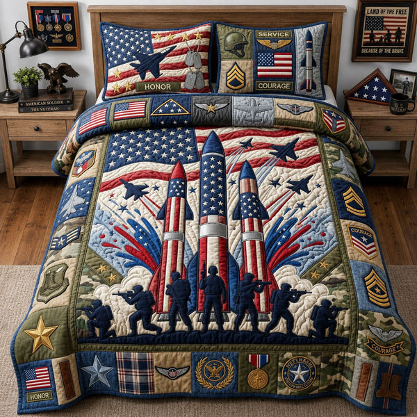 Patriotic USA Bullets quilted 3-piece bedding set on a made bed in a warmly lit bedroom