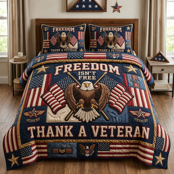 Patriotic Veteran quilted 3-piece bedding set on a made bed in a warmly lit bedroom