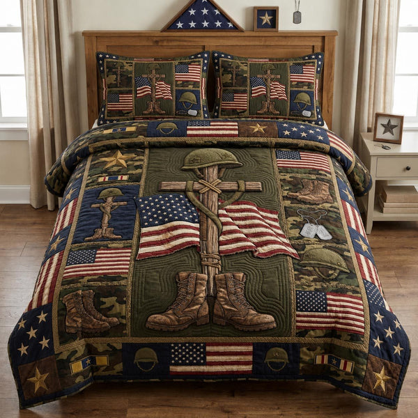 Patriotic Veteran quilted 3-piece bedding set on a made bed in a warmly lit bedroom