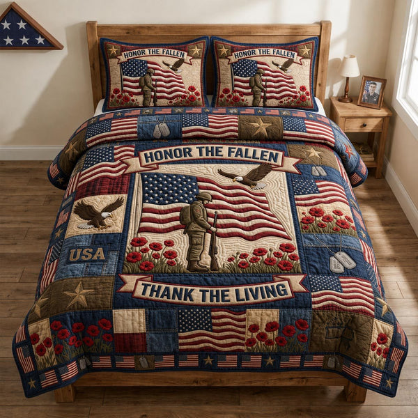 Patriotic Veteran quilted 3-piece bedding set on a made bed in a warmly lit bedroom
