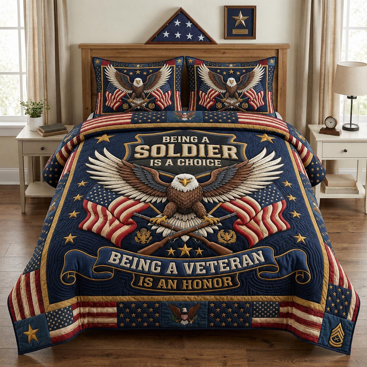Patriotic Veteran quilted 3-piece bedding set on a made bed in a warmly lit bedroom