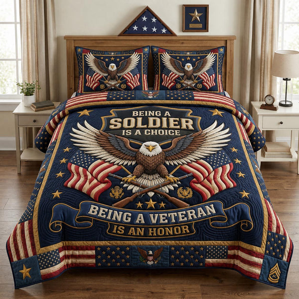 Patriotic Veteran quilted 3-piece bedding set on a made bed in a warmly lit bedroom