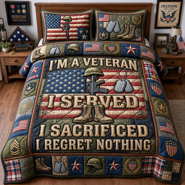 Patriotic Veteran quilted 3-piece bedding set on a made bed in a warmly lit bedroom