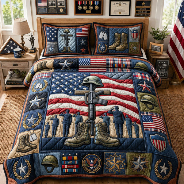 Patriotic Veteran quilted 3-piece bedding set on a made bed in a warmly lit bedroom