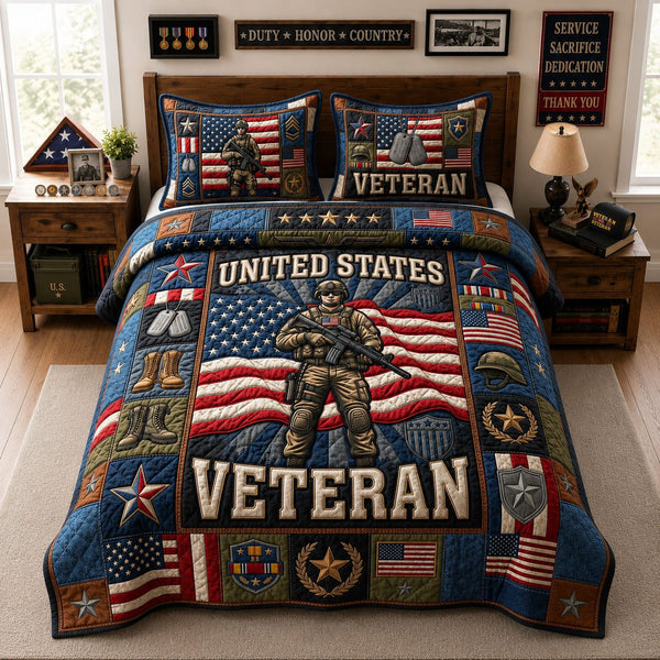 Patriotic Veteran quilted 3-piece bedding set on a made bed in a warmly lit bedroom