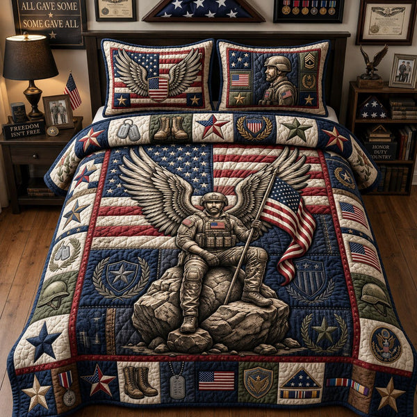 Patriotic Veteran quilted 3-piece bedding set on a made bed in a warmly lit bedroom