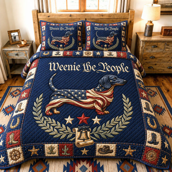 Patriotic Wiener Dog Americana quilted 3-piece bedding set on a made bed in a warmly lit bedroom
