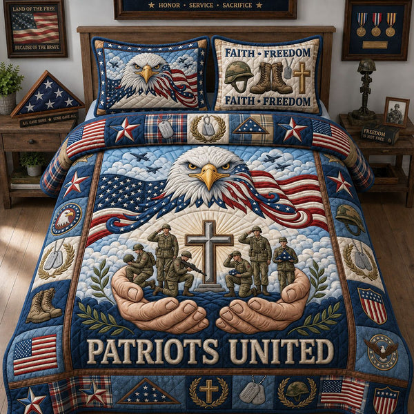 Patriots United quilted 3-piece bedding set on a made bed in a warmly lit bedroom