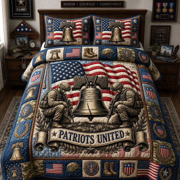 Patriots United quilted 3-piece bedding set on a made bed in a warmly lit bedroom