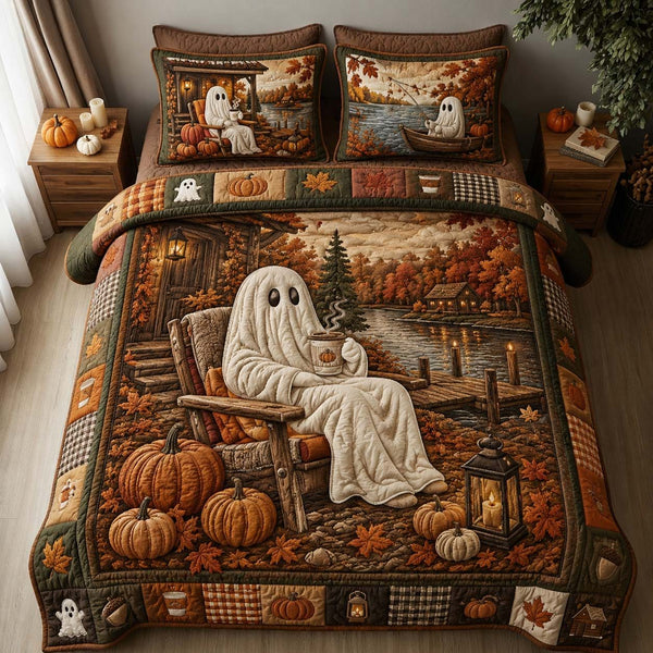 Pattern Pumpkin Harvest quilted 3-piece bedding set on a made bed against a dark styled interior
