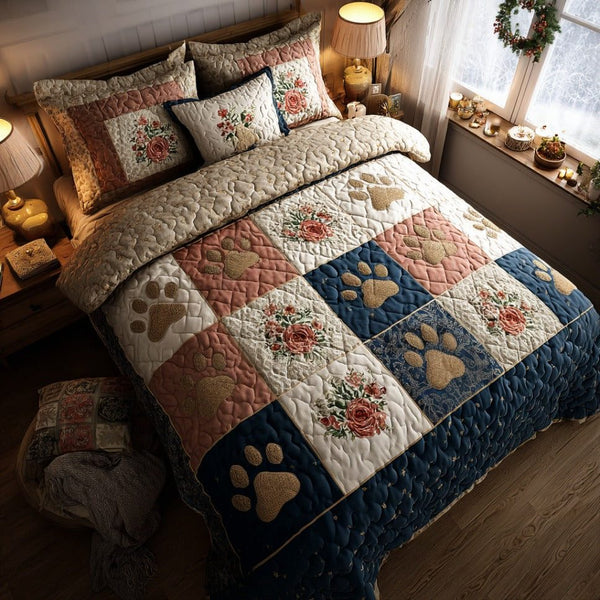 Paw Cottage Charm quilted 3-piece bedding set on a made bed in a farmhouse bedroom