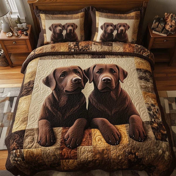 Paw Love quilted 3-piece bedding set on a made bed with two matching pillow shams