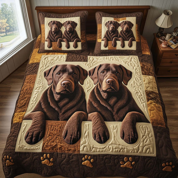 Paw Love quilted 3-piece bedding set on a made bed with two matching pillow shams