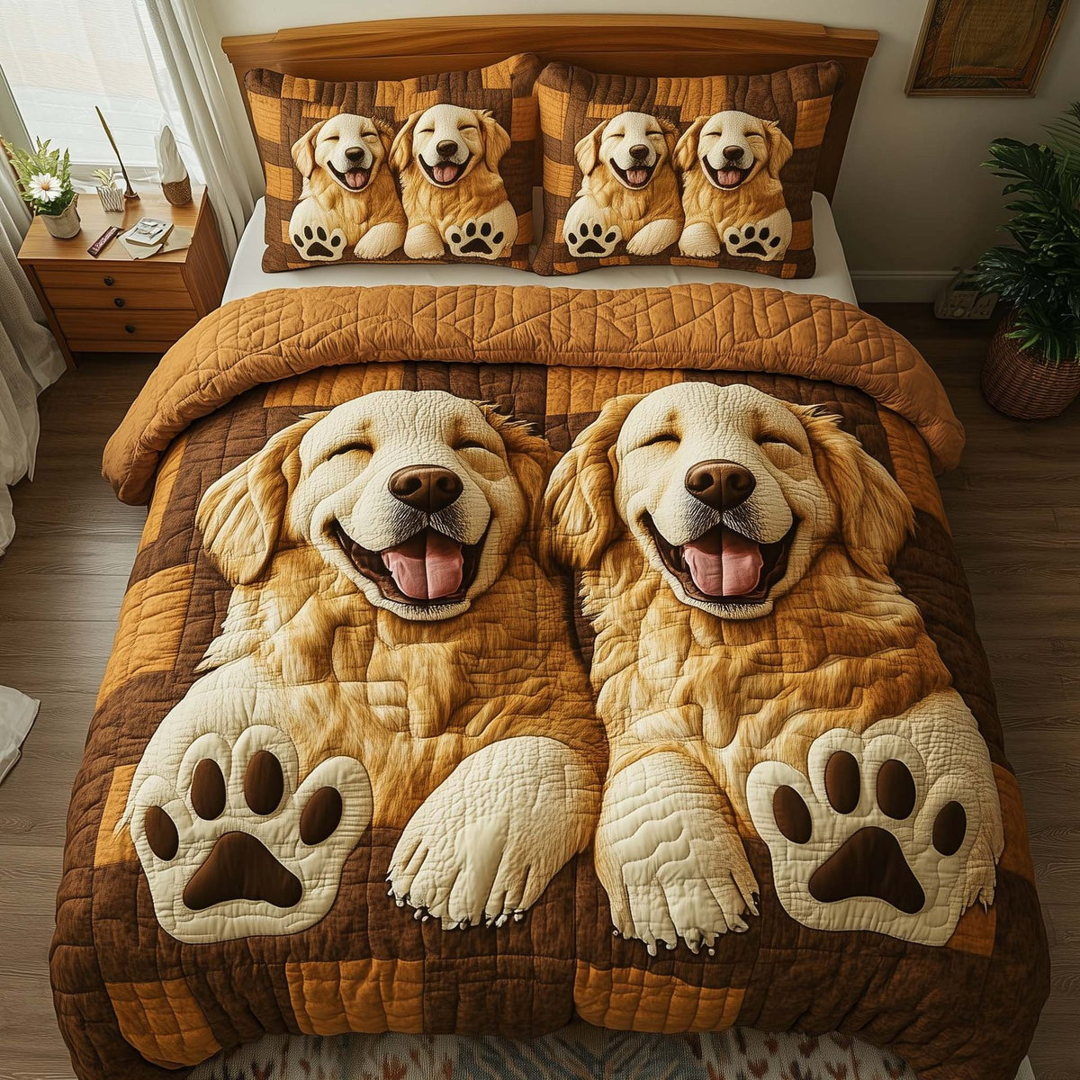 Paw Love quilted 3-piece bedding set on a made bed with two matching pillow shams