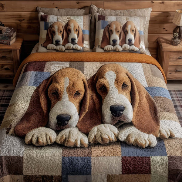 Paw Love quilted 3-piece bedding set on a made bed with two matching pillow shams