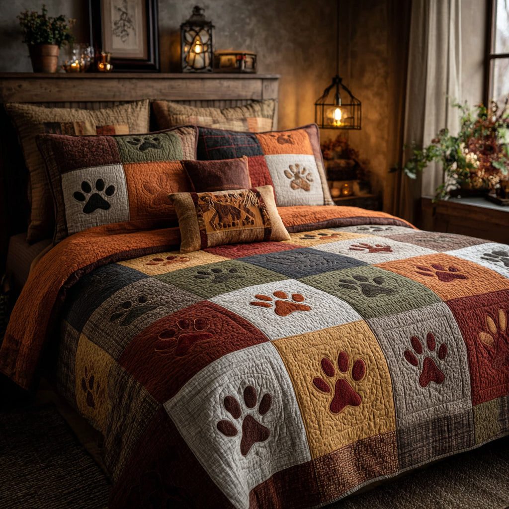 Paw Pathway quilted 3-piece bedding set on a made bed with two matching pillow shams