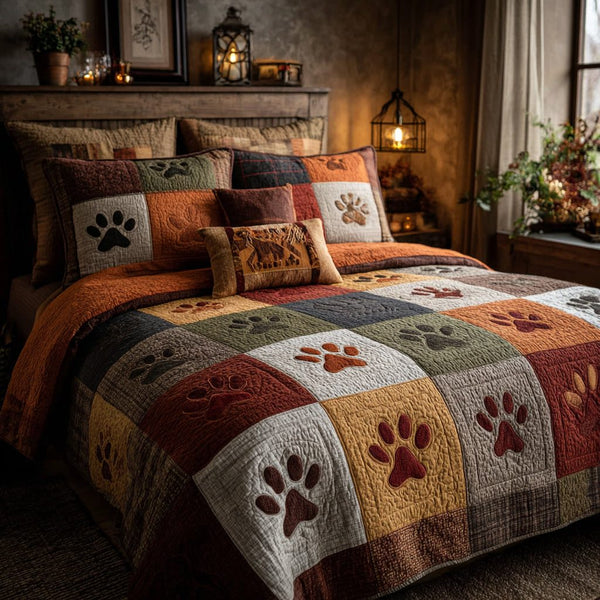 Paw Pathway quilted 3-piece bedding set on a made bed with two matching pillow shams