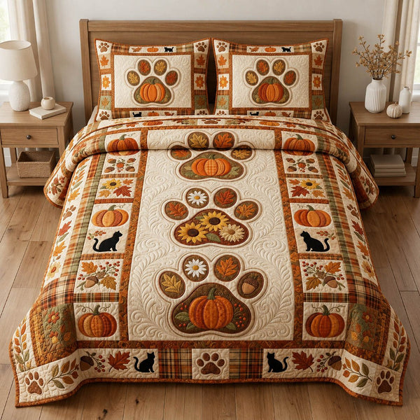 Paw Print quilted 3-piece bedding set on a made bed with two matching pillow shams