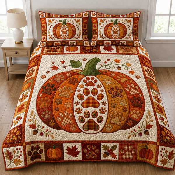 Paw Print quilted 3-piece bedding set on a made bed with two matching pillow shams