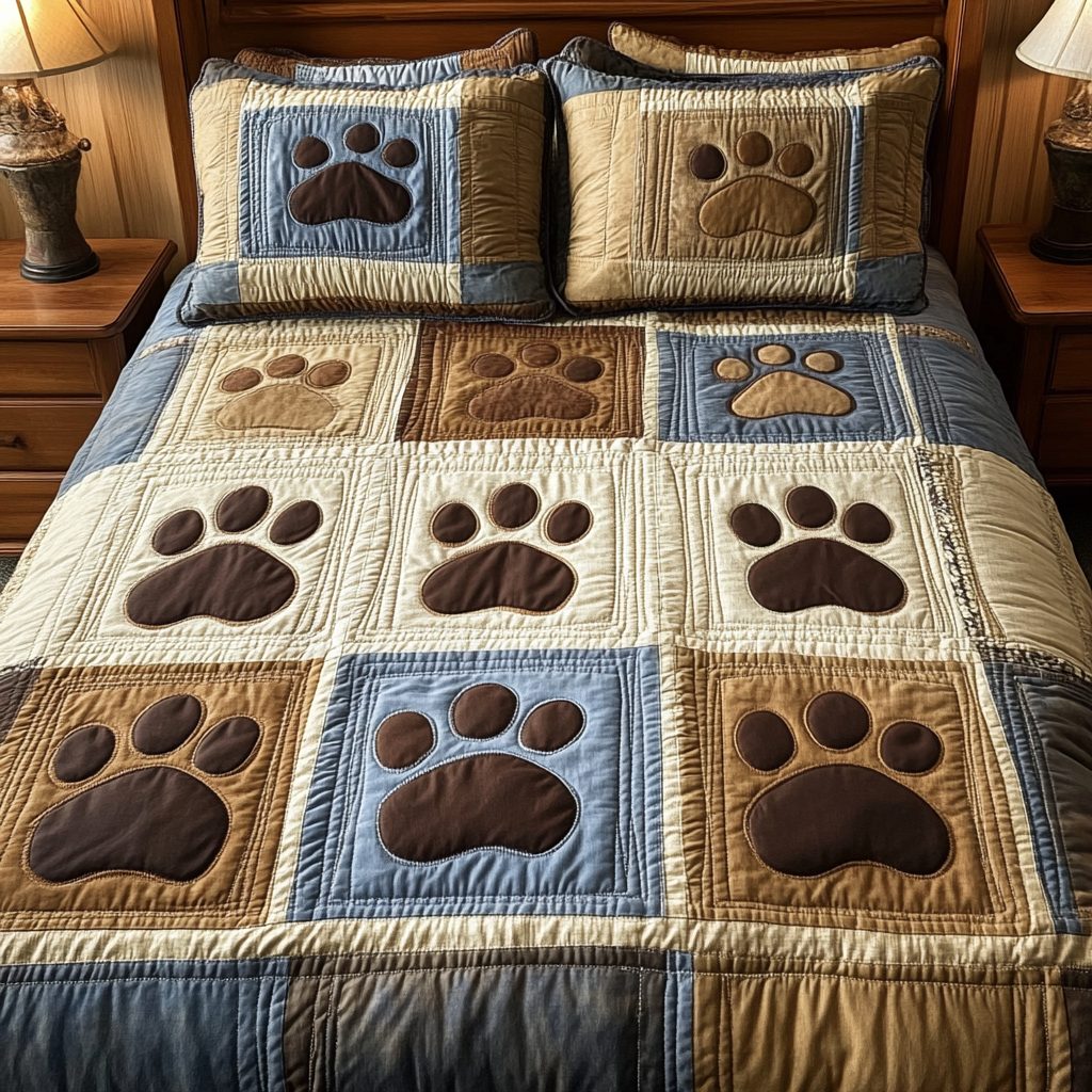 Paw Prints quilted 3-piece bedding set on a made bed with two matching pillow shams