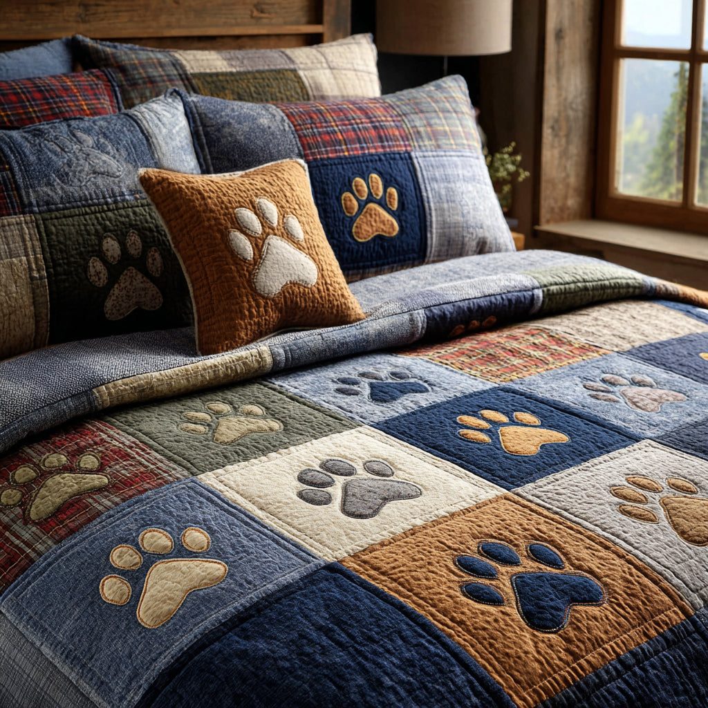 Paw Radiance quilted 3-piece bedding set on a made bed with two matching pillow shams