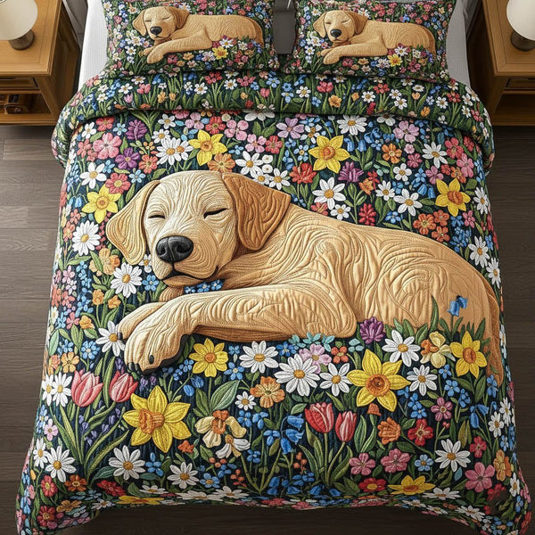 Pawfect Nap quilted 3-piece bedding set on a made bed with two matching pillow shams