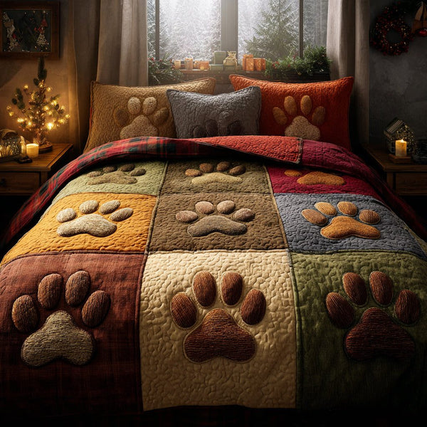 Pawprint Patchwork quilted 3-piece bedding set on a made bed in a farmhouse bedroom