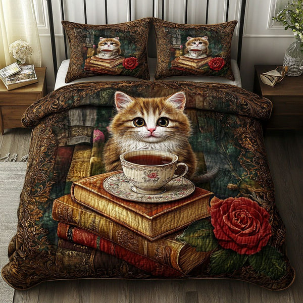 Paws and Pages quilted 3-piece bedding set on a made bed with two matching pillow shams